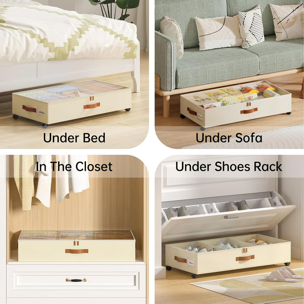 Under Bed Storage with Wheels, 2 Pack Under Bed Storage Containers with Adjustable Dividers & Clear Lid, Rolling
