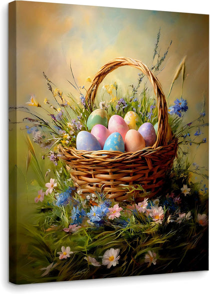 Easter Eggs Basket Spring Wall Decor Framed Canvas Wall Art, Vintage Wildflower Landscape Decor, Easter Bunny Eggs