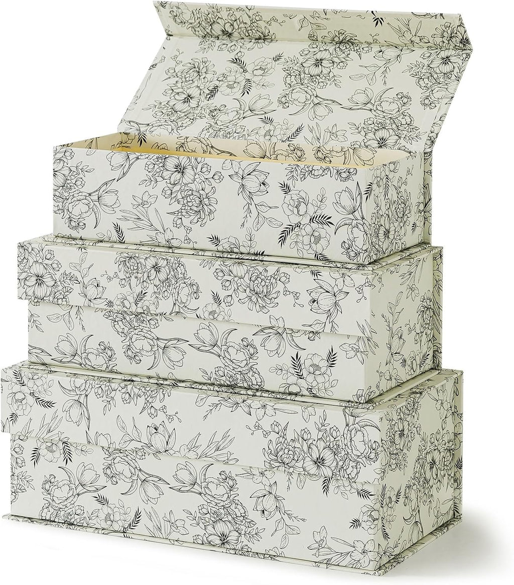 Decorative Storage Boxes with Lids, Set of 3, Elegant Floral