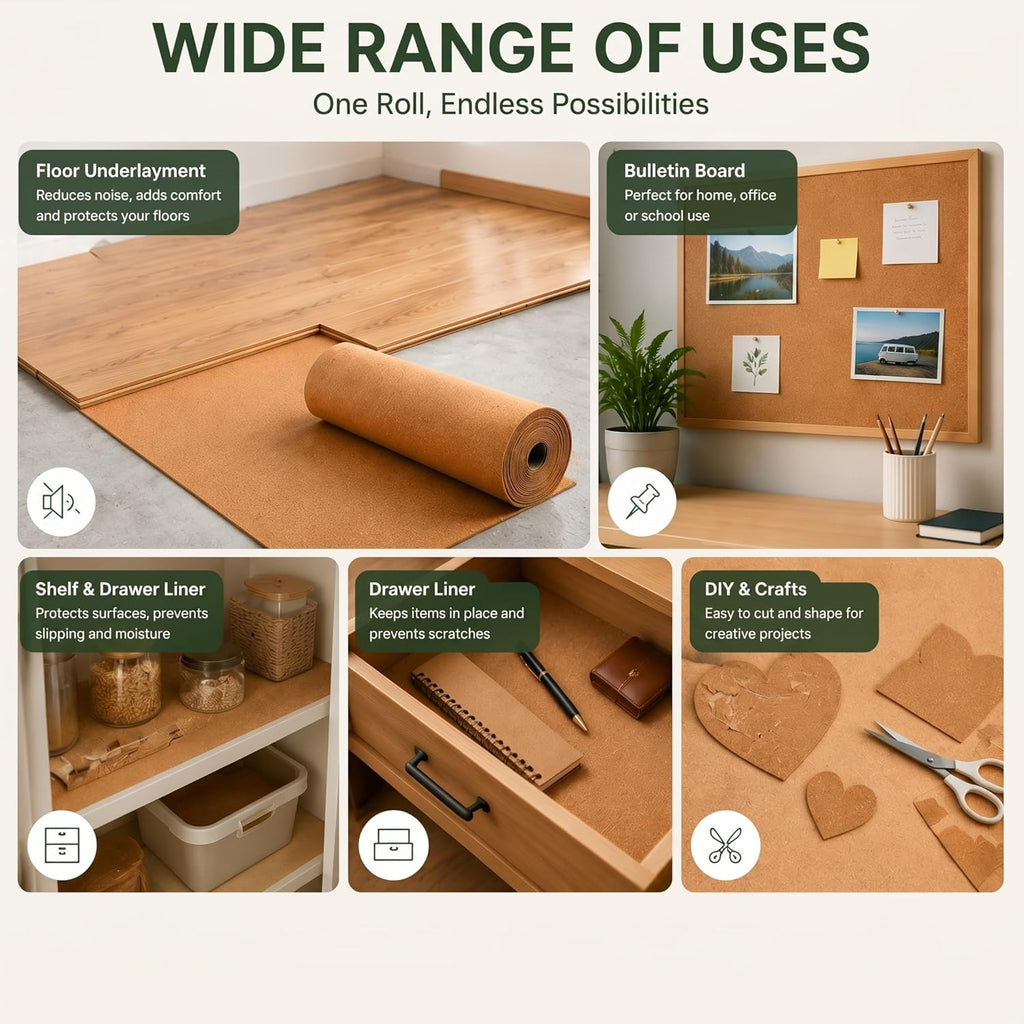 200 Sq. Ft. Cork Roll 48 x 600 Inch Cork Underlayment Roll Sound Insulation Mildew and Moisture Proof for Office Home