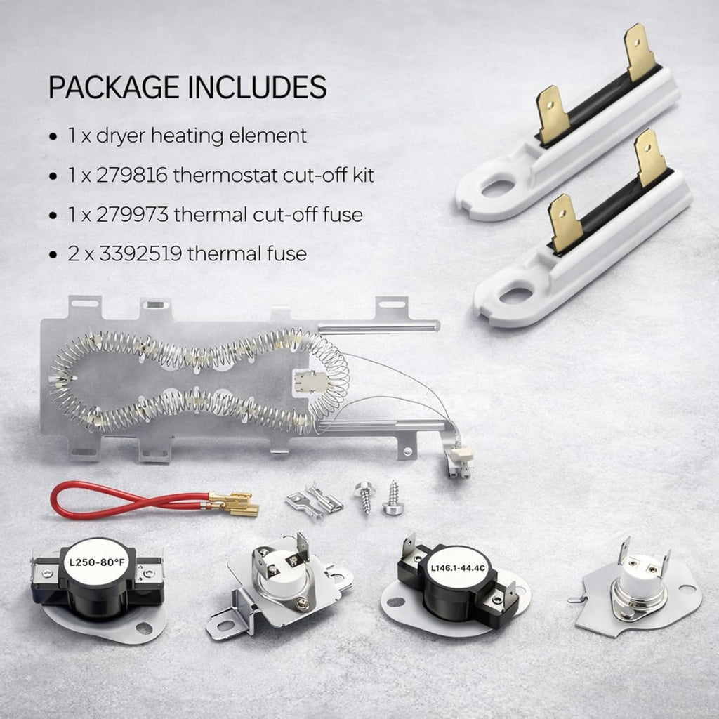 Dryer Heating Element Kit fits Whirlpool WED92HEFU0 WED92HEFW0 WED9300VU0 WED9300VU1 WED9371YL0 WED9371YW0 WED9371YW1 WED9400SB0 – Includes Thermostat & Thermal Fuse