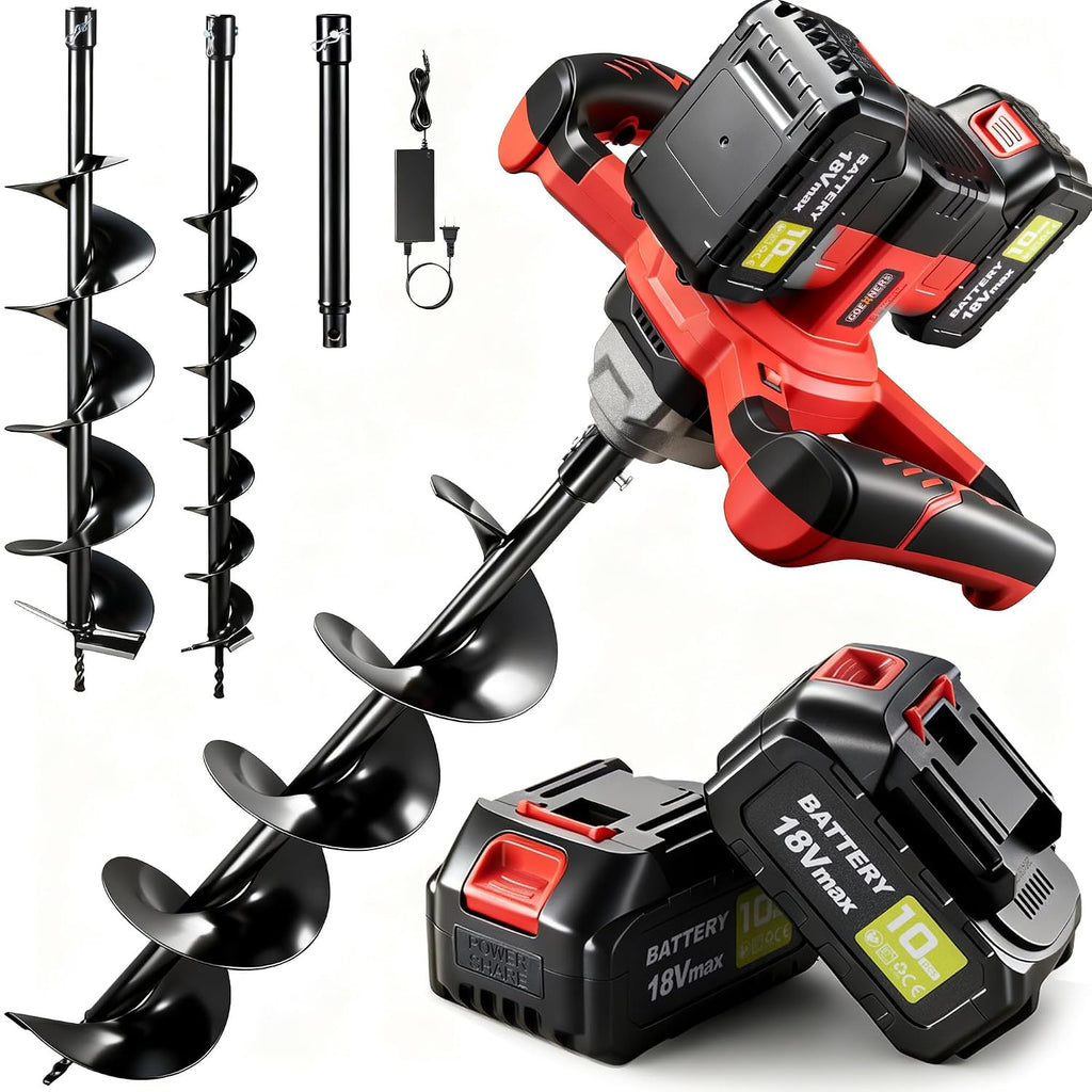 42V Cordless Auger Post Hole Digger, Post Hole Auger with 3" & 6" Drill Bits + Extension Rod, 2 Batteries, Electric
