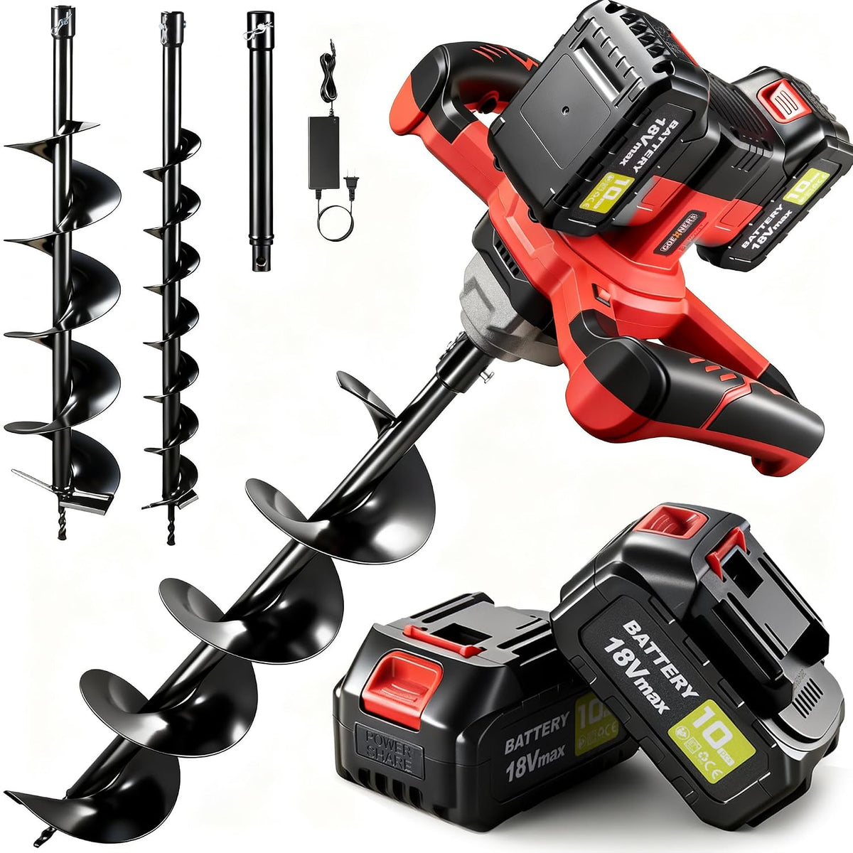 42V Cordless Auger Post Hole Digger, Post Hole Auger with 3" & 6" Drill Bits + Extension Rod, 2 Batteries, Electric