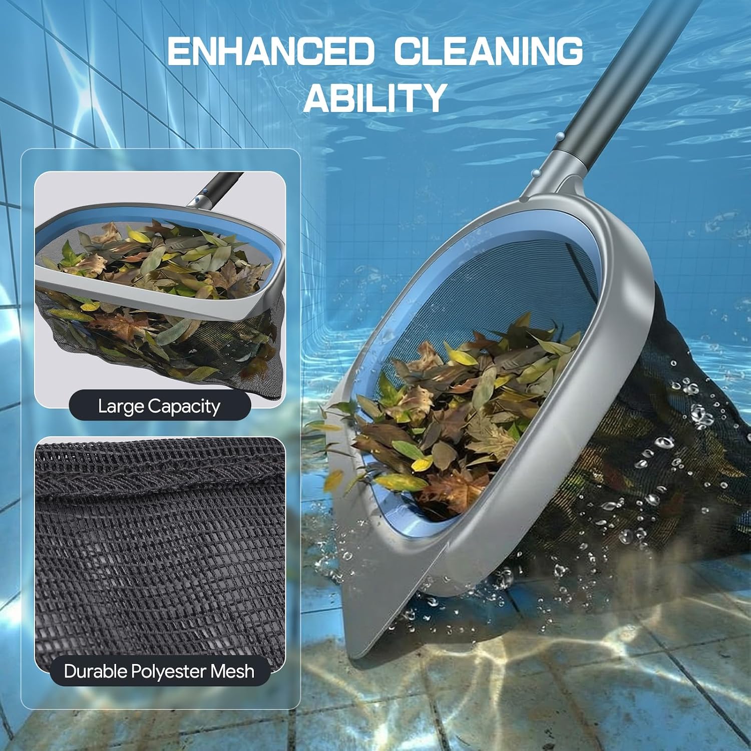 4-in-1 Deluxe Swimming Pool Cleaning Kit - Includes Upgrade Triangular Pool Vacuum Head, Detachable Brush, Deep Leaf
