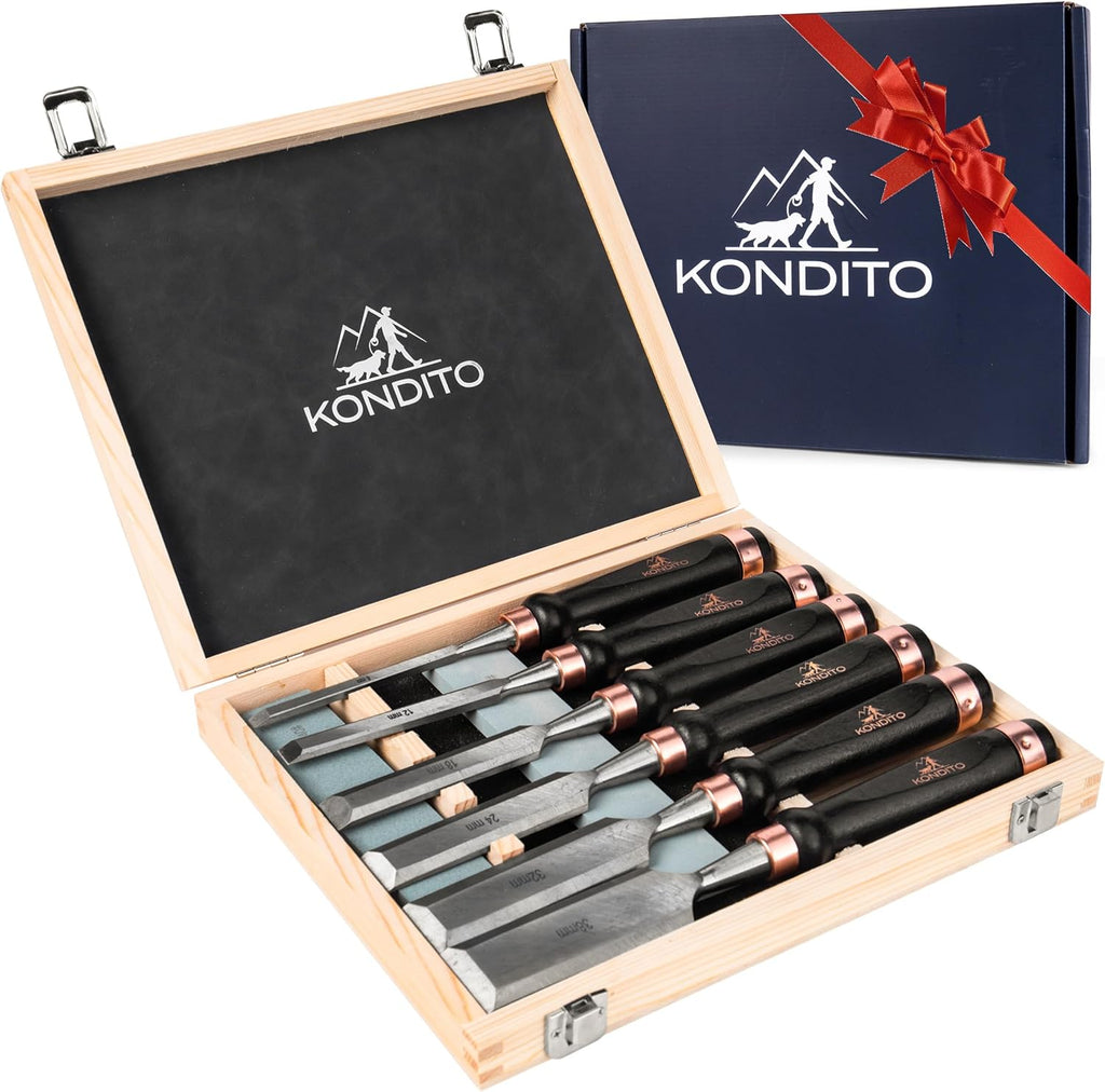 Professional Wood Chisel Set – Complete Chisel Kit with 6 CRV60 Steel Blades (6–38mm), 2 Sharpening Stones & Hardwood