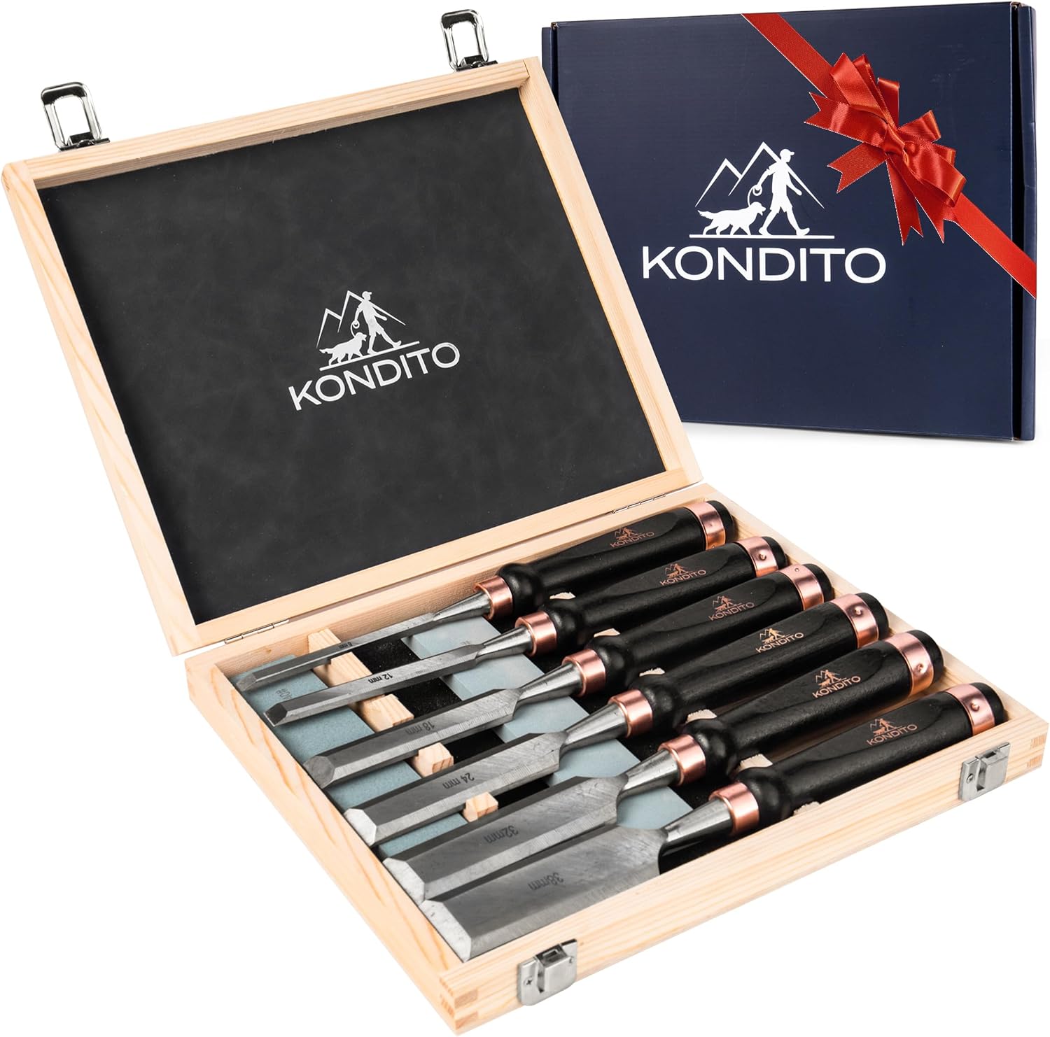 Professional Wood Chisel Set – Complete Chisel Kit with 6 CRV60 Steel Blades (6–38mm), 2 Sharpening Stones & Hardwood