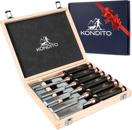 Professional Wood Chisel Set – Complete Chisel Kit with 6 CRV60 Steel Blades (6–38mm), 2 Sharpening Stones & Hardwood