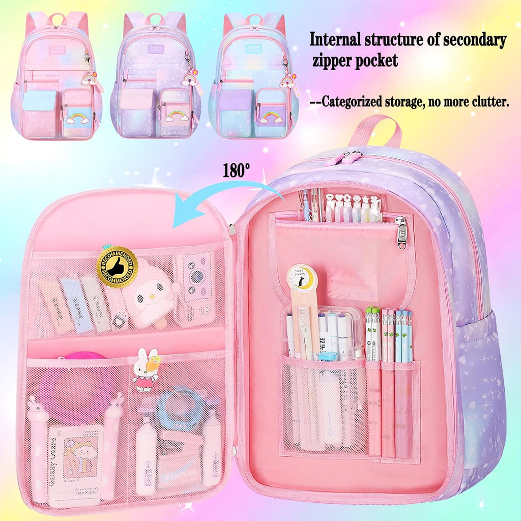 Rainbow Backpack For Girls Kids,Cute Student School Backpack With Pen Bag,Aesthetic Starry Rainbow Laptop Travel Bag