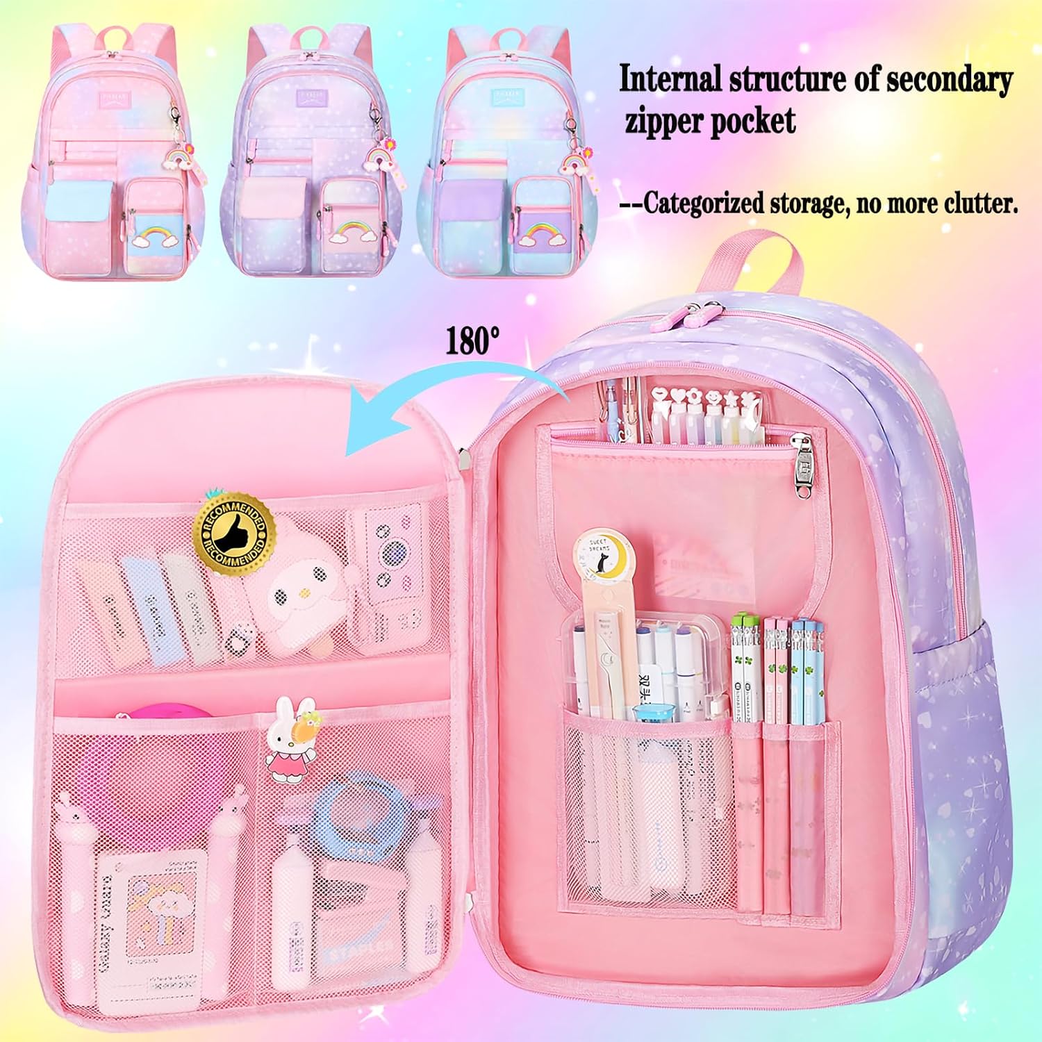 Rainbow Backpack For Girls Kids,Cute Student School Backpack With Pen Bag,Aesthetic Starry Rainbow Laptop Travel Bag