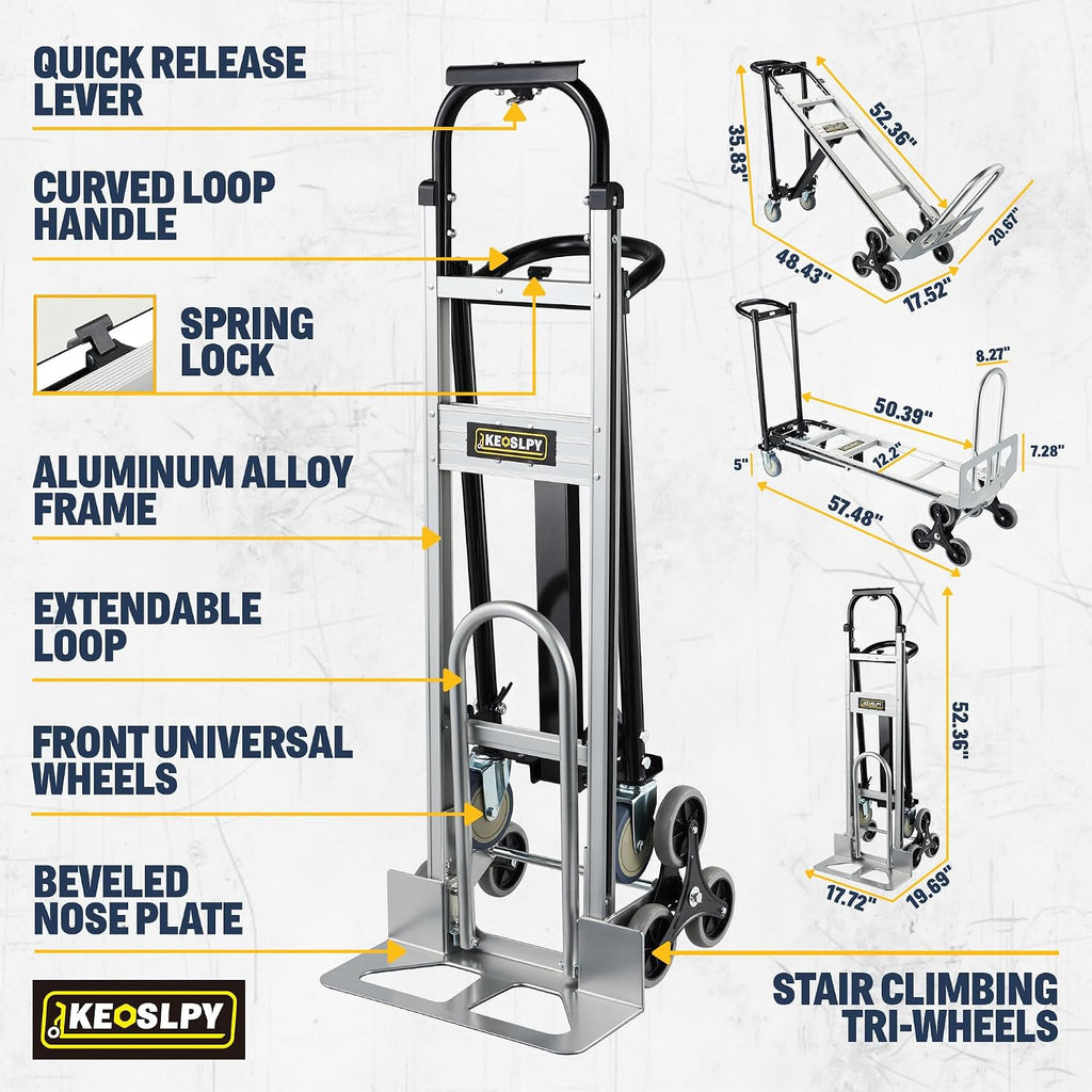 3 in 1 Industrial Convertible Hand Truck Dolly 1000 LBS Capacity | Heavy Duty Stair Climbing Dolly Cart, Aluminum