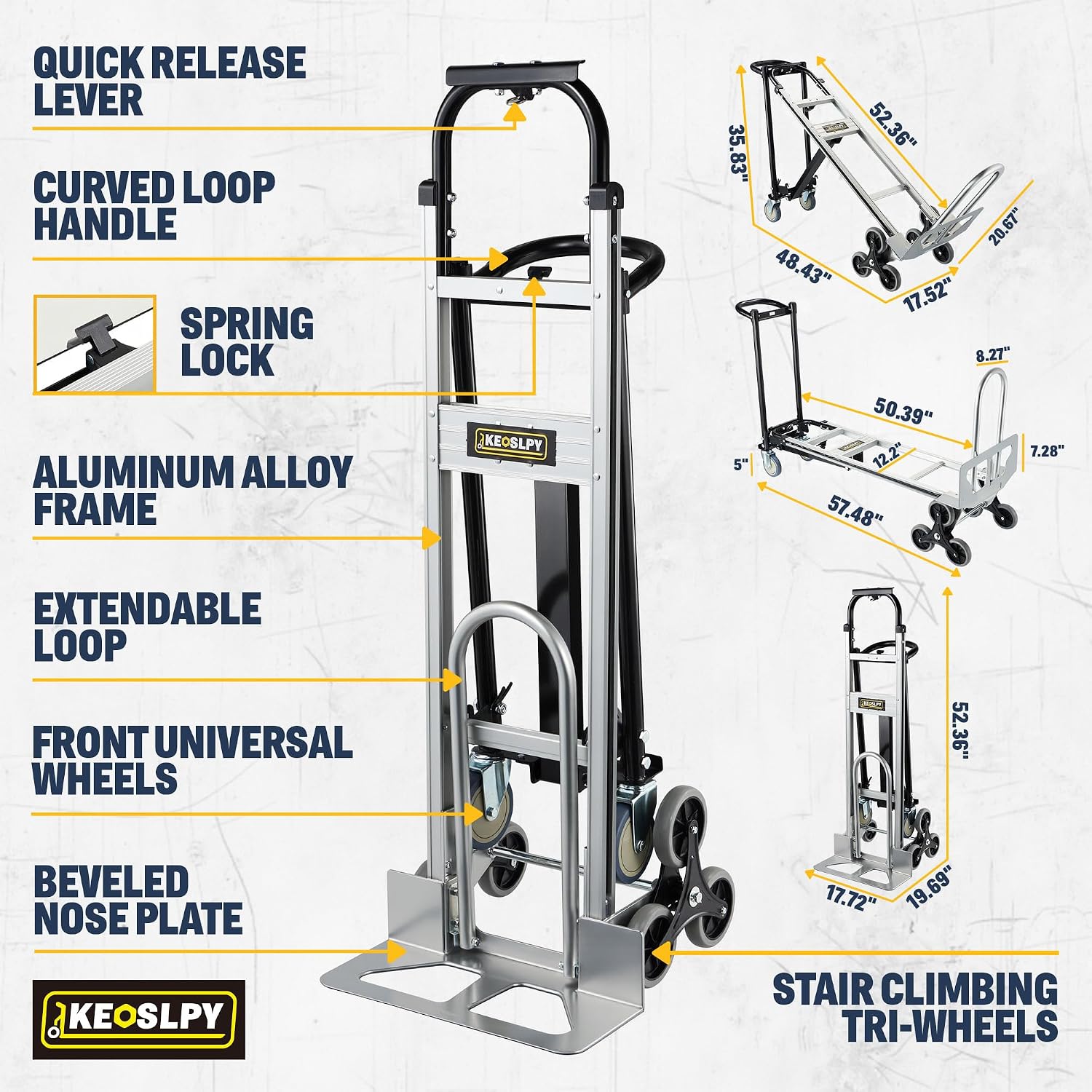 3 in 1 Industrial Convertible Hand Truck Dolly 1000 LBS Capacity | Heavy Duty Stair Climbing Dolly Cart, Aluminum