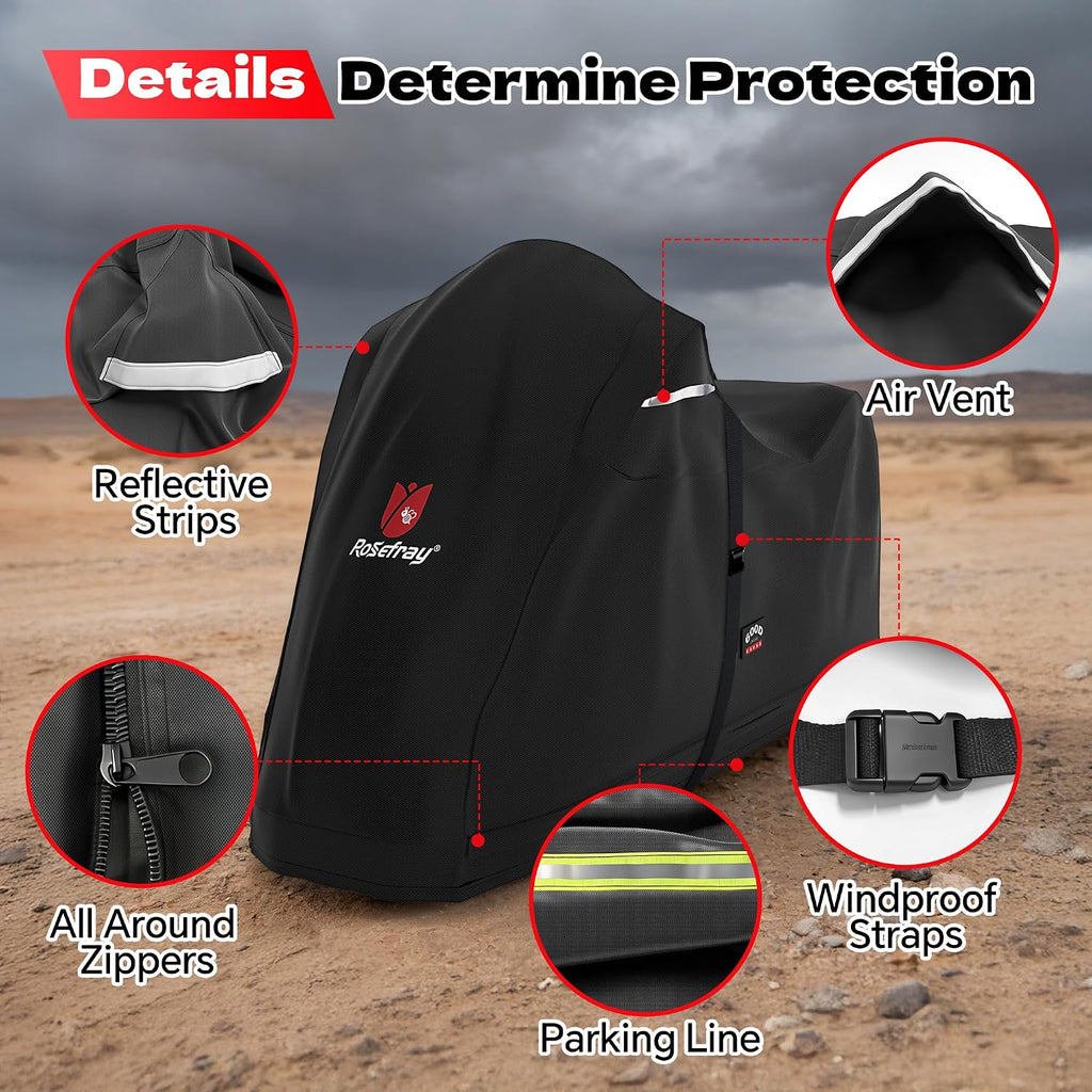 Full Enclosed Motorcycle Cover, 600D Heavy Duty Waterproof Outdoor Storage, Fits 118" Touring Motorcycles for Harley