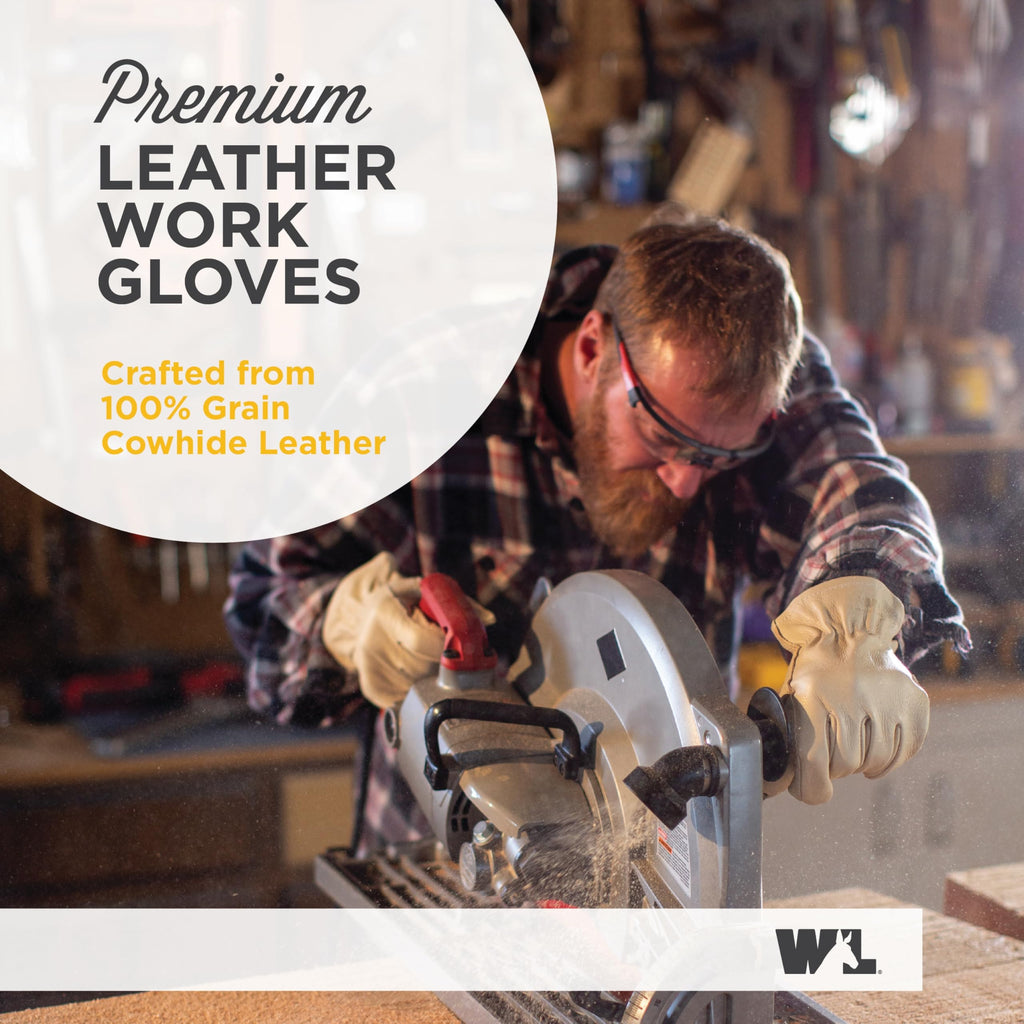 Men's Work Gloves, Cowhide Leather, Reinforced Palm, Medium