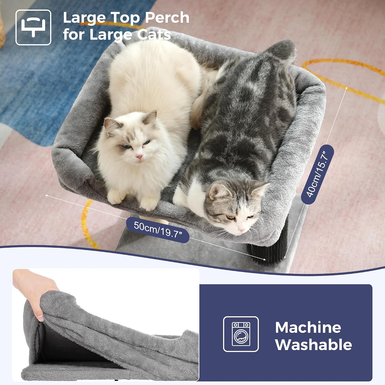 Cat Tree Tower for Large Cats Cat Scratching Post with 20x15.7”Wide Top Bed, Self Groomer, Thick Scratch Post