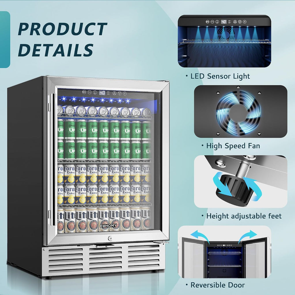 24 Inch Beverage Refrigerator, 180 Can Under Counter Refrigerator
