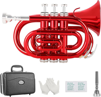 Pocket Trumpet Brass Bb Mini Trumpet with 7 C Mouthpiece, Hard Case, Strap, White Gloves, Cleaning Kit for Students