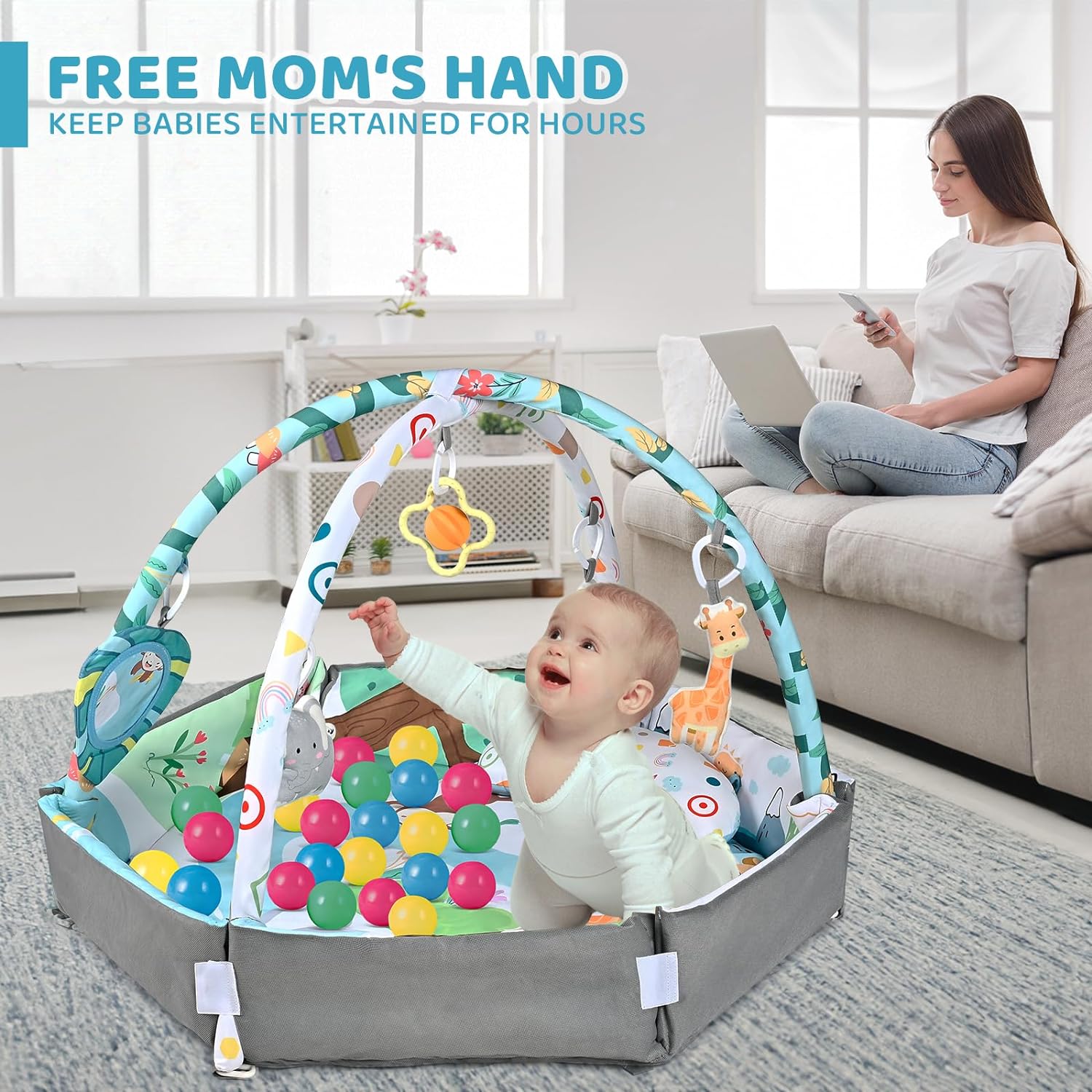 Baby Gym Play Mat, 8-in-1 Tummy Time Mat & Ball Pit with 6 Toys, Washable Baby Activity Play Mat for Visual, Hearing