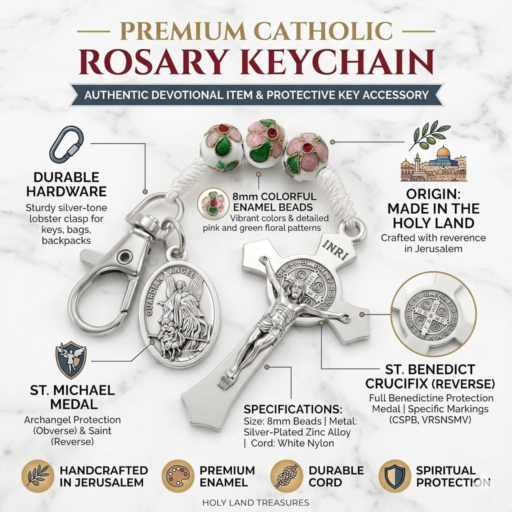 Catholic Rosary Keychain St Michael Medal White Enamel Beads