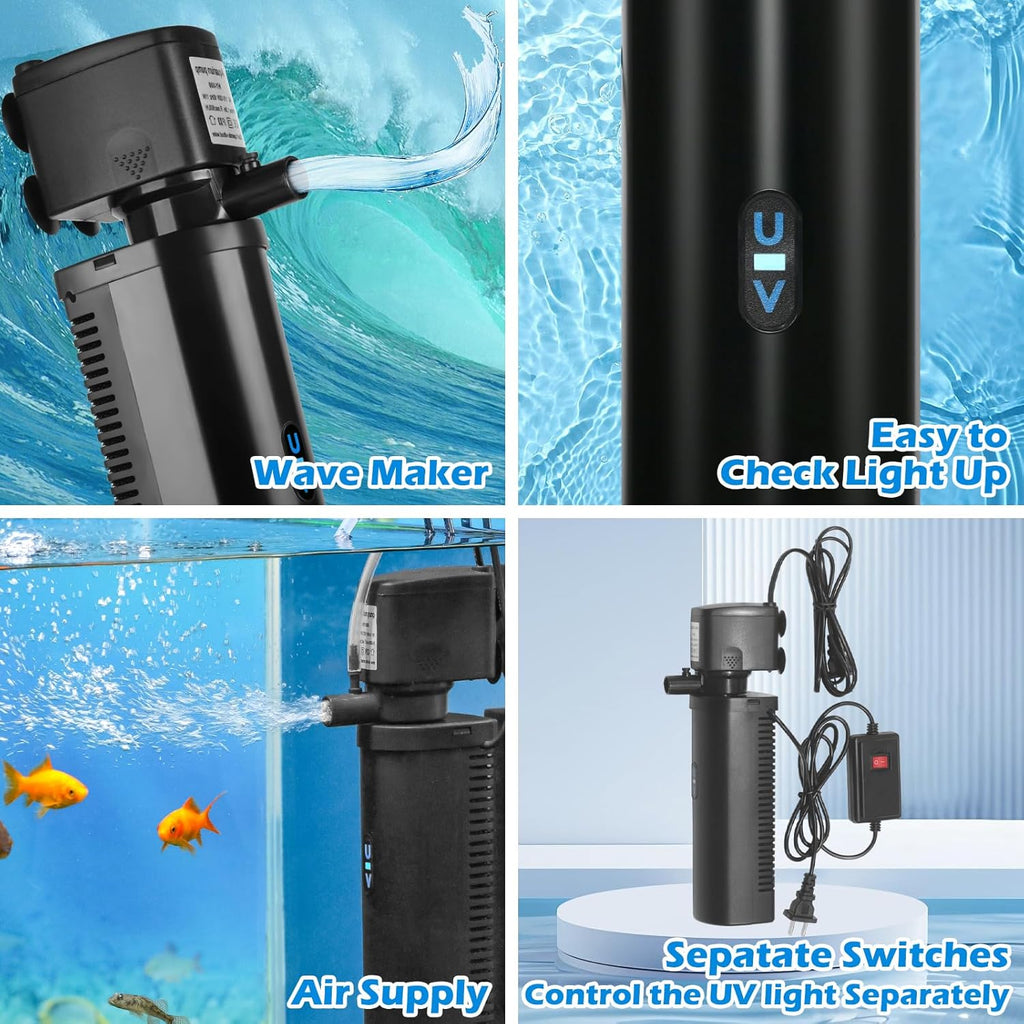 Aquarium Filter U-V for 20-75 Gallon, 200GPH Fish Tank Filter w/ 5W U-V Light Green Clean Machine Submersible