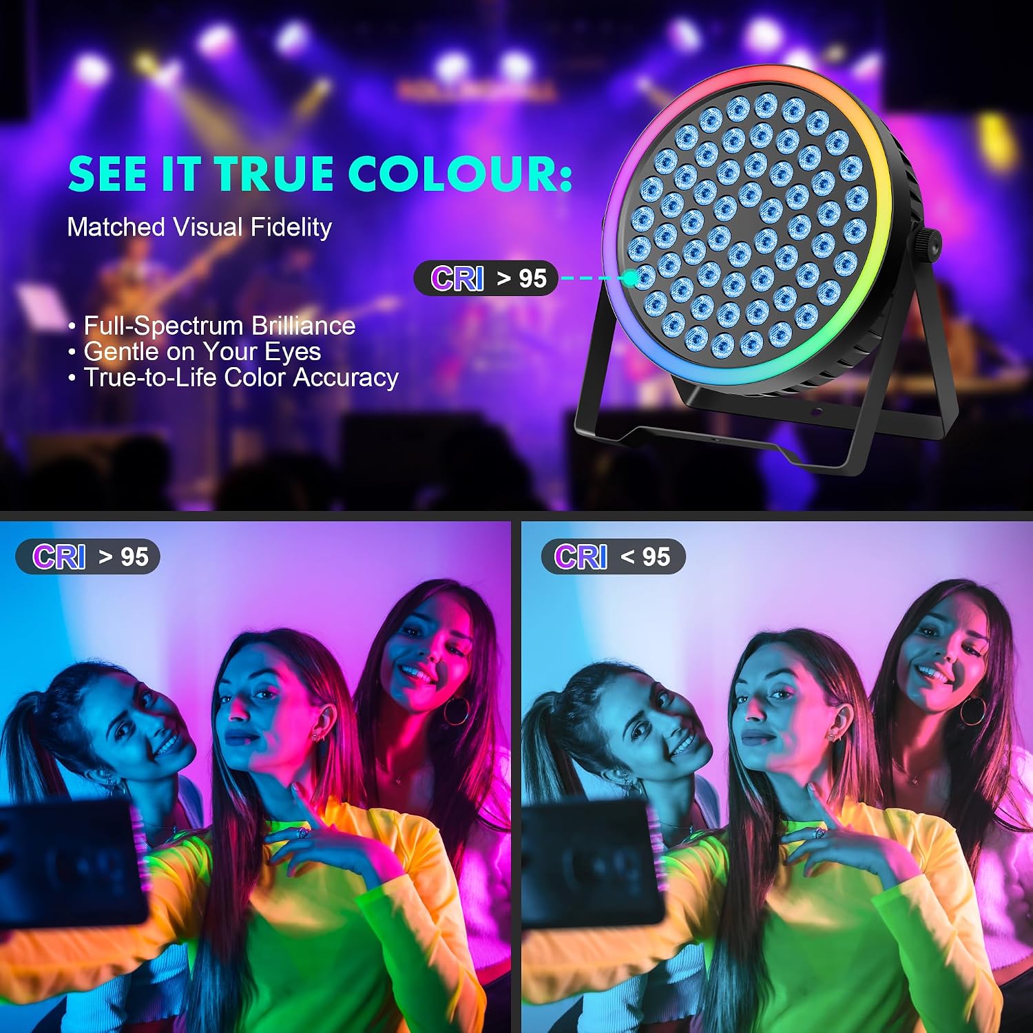 90W RGB Stage Par Lights with Ambient Light Strip - Dual Layer Halo Effect, DMX512 & Sound Activation, 60 LEDs