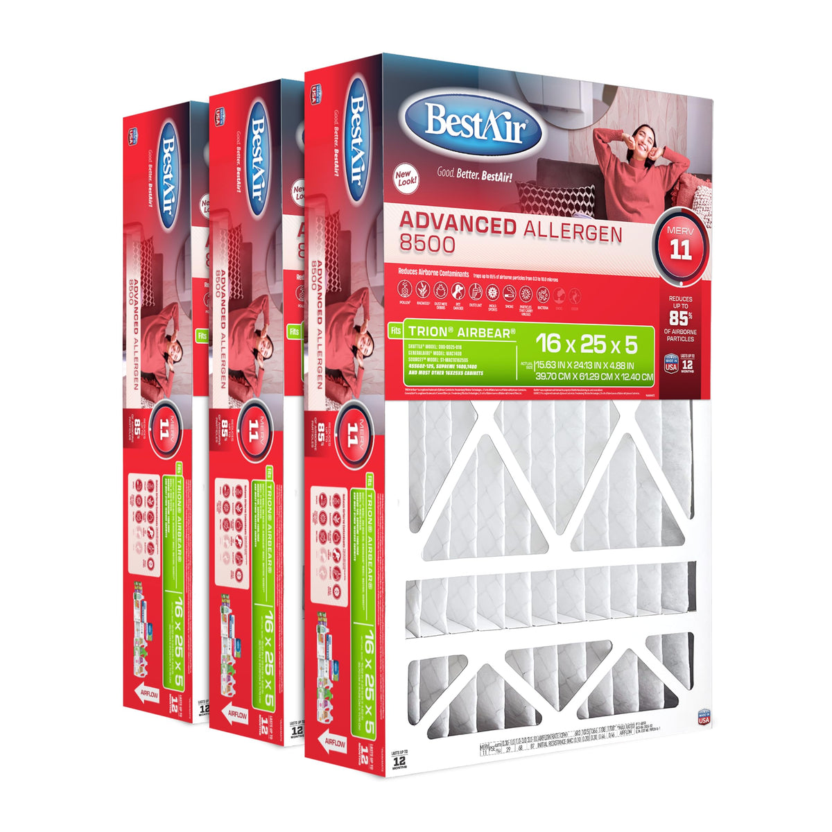 16x25x5 Air Filter MERV 11 Advanced Allergen (3-Pack)