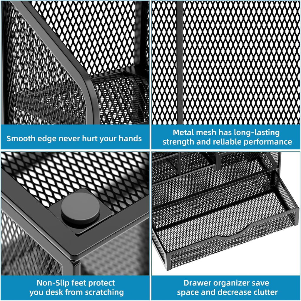 Mesh Pen Holder for Desk, Multi-Functional Pencil Organizer with Drawer, Desk Organizers and Accessories for Office