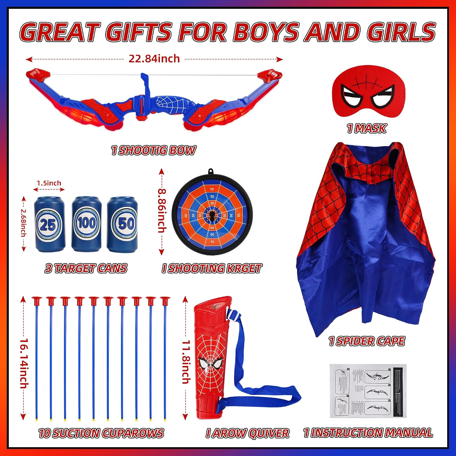 Bow and Arrow Set for Kids, Boy Girl Outdoor Indoor Shoot Game | LED Light Archery Set with Cape Eye Mask, Suction