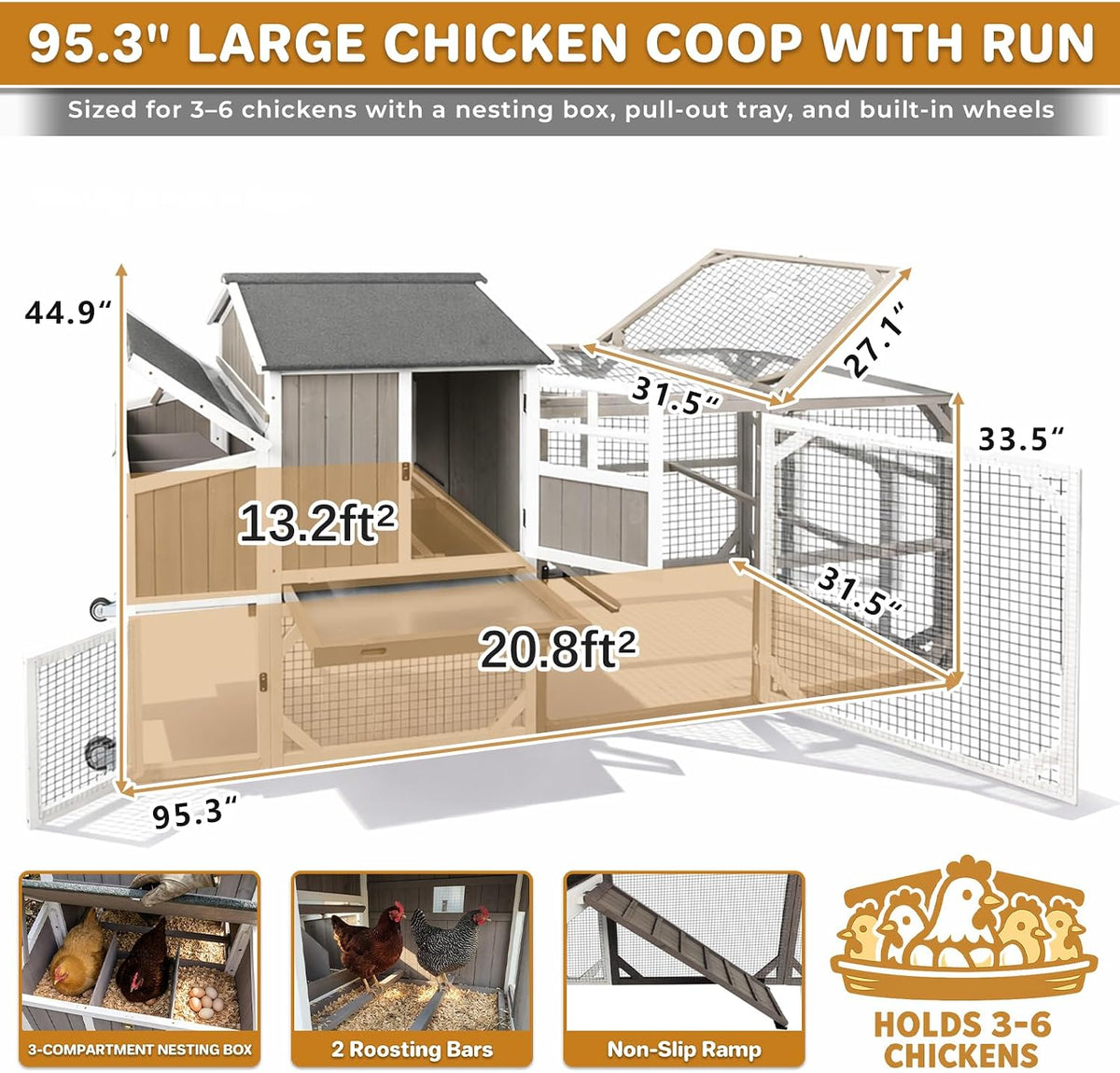 Large 95.3" Outdoor Chicken Coop with Run and Wheels for 3-6 Chickens
