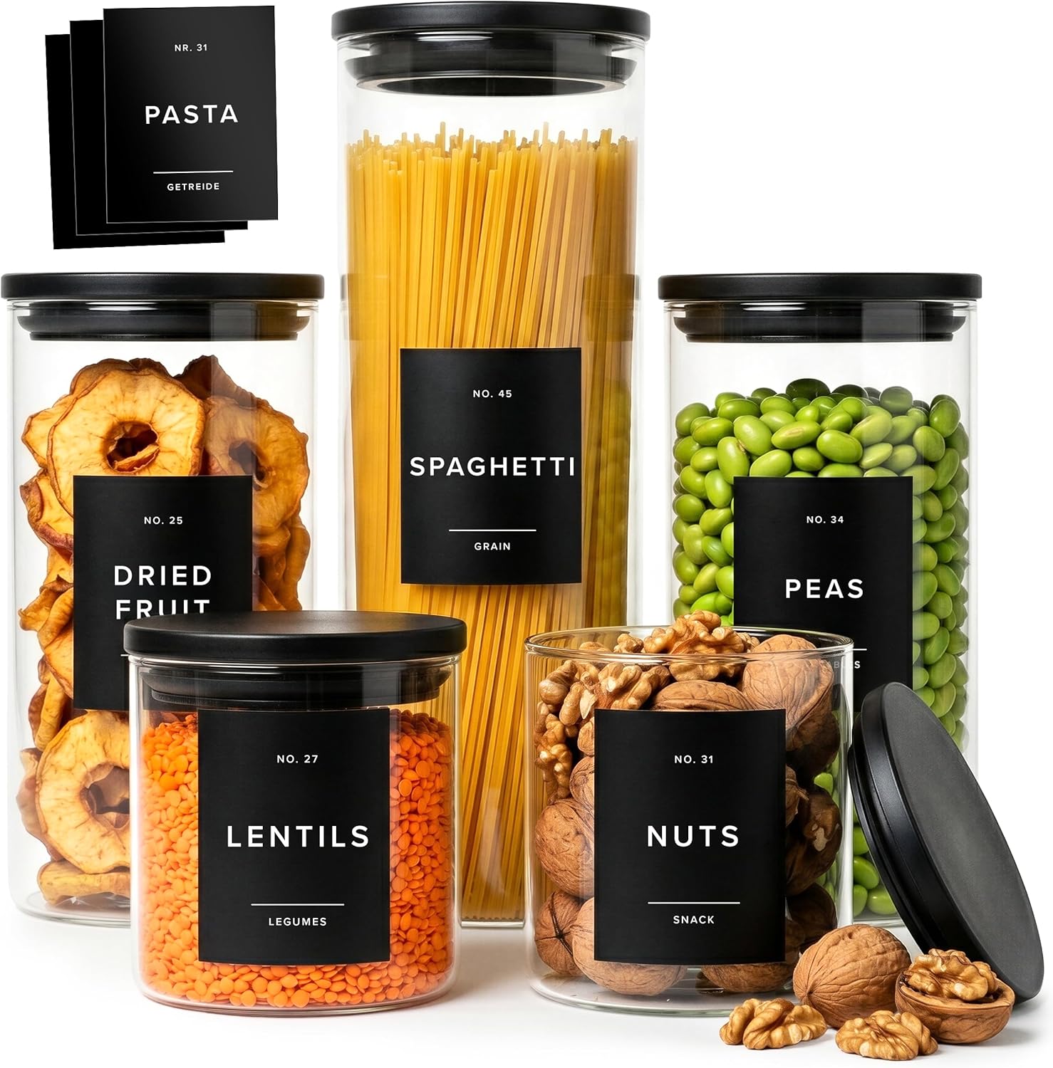 Glass Storage Containers with Black Lids [Extra Thick Glas] with 54 Labels - Canister For Pantry Noodles Flour Cereal