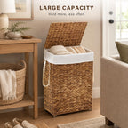 Slim Laundry Hamper with Lid, Handwoven Natural Water Hyacinth Basket