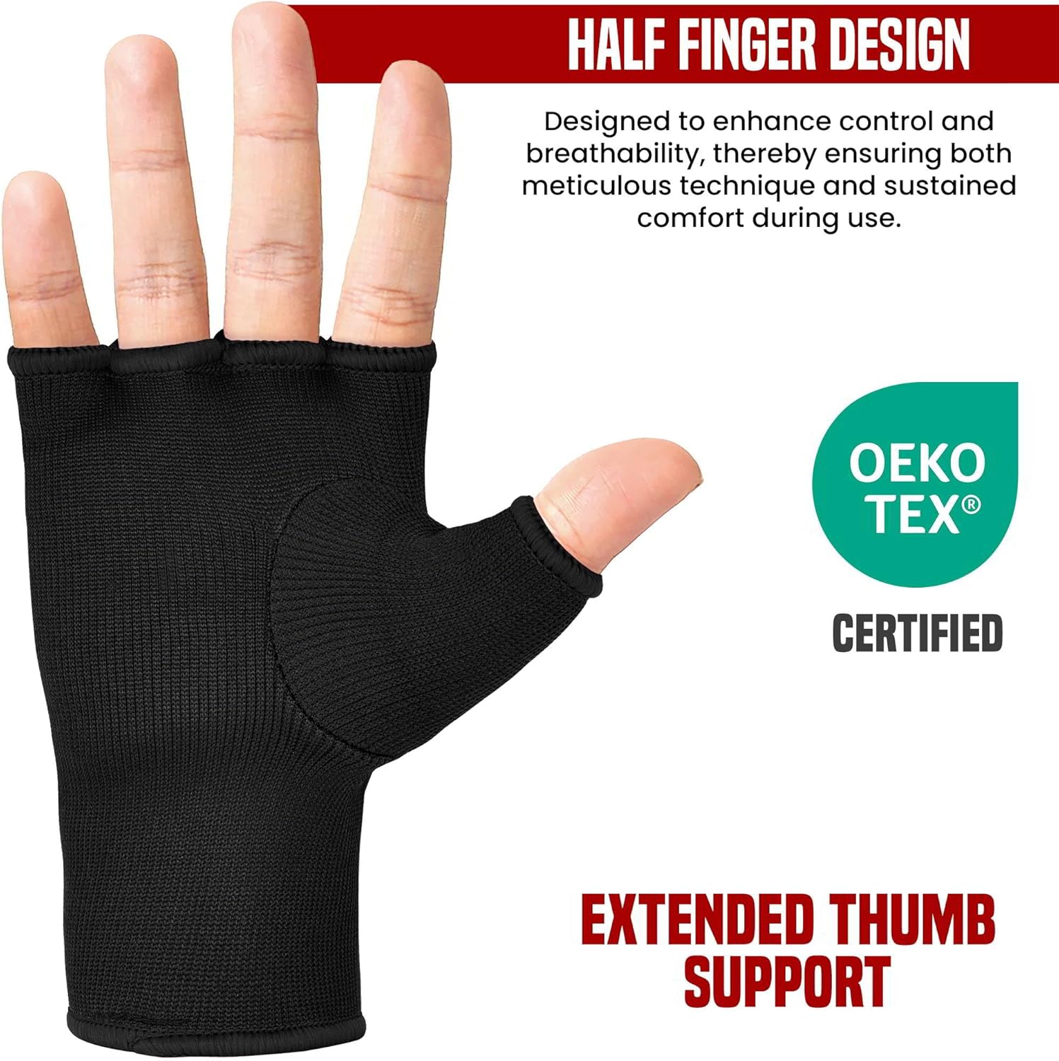 Boxing Hand Wraps Inner Gloves Men Women, Half Finger Elasticated Bandages, Under Mitts Fist Protection, Muay Thai