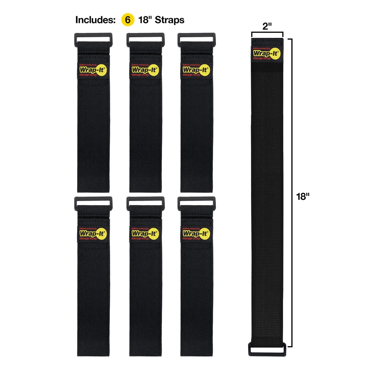 Wrap-It Storage - Super-Stretch, 18" (6 Pack) - Elastic Hook and Loop Cinch Straps - Extension Cord Organizer, Hose and Cables Straps, Cord Wrap