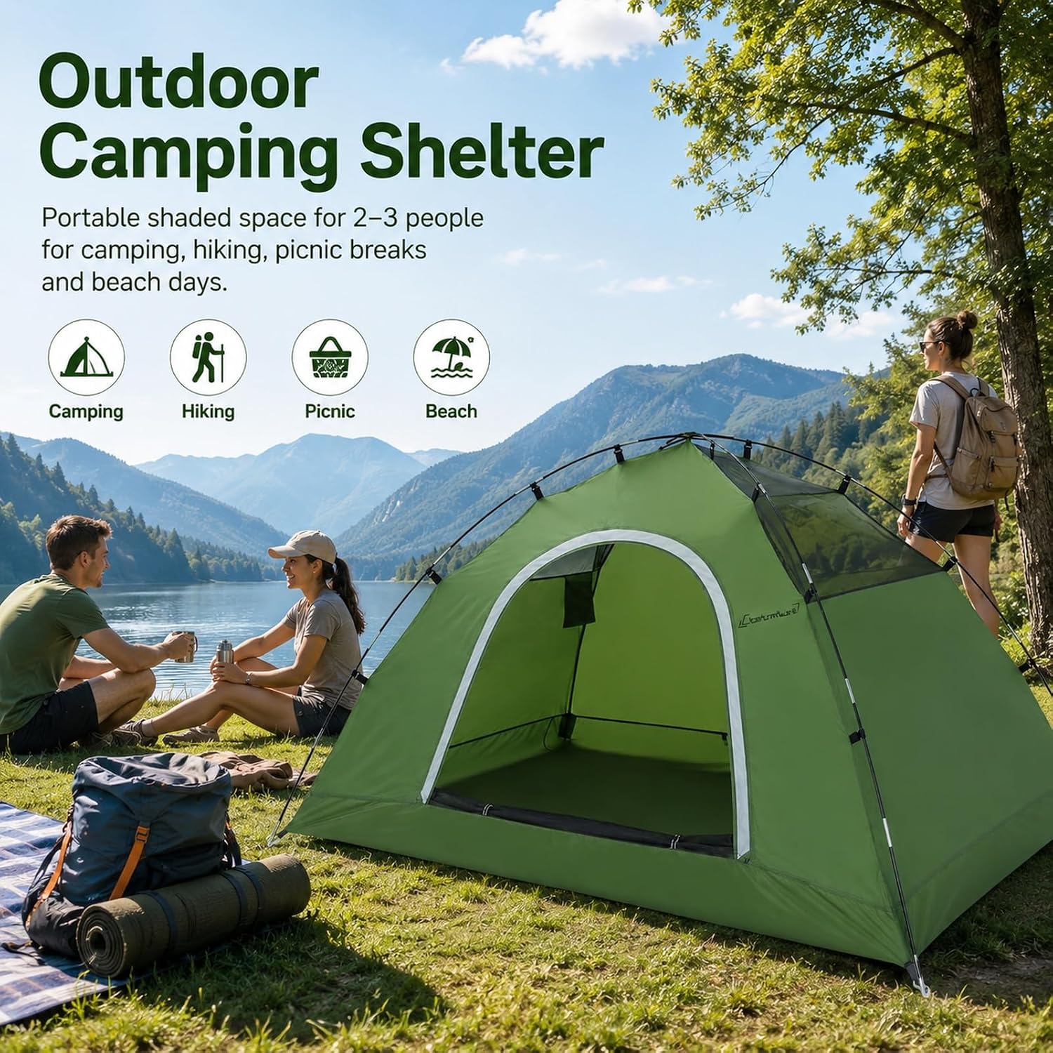Green Camping Tent for 2 to 3 Person, Portable Outdoor Tent with Carry Bag, Reinforced Sealed Corners for Camping