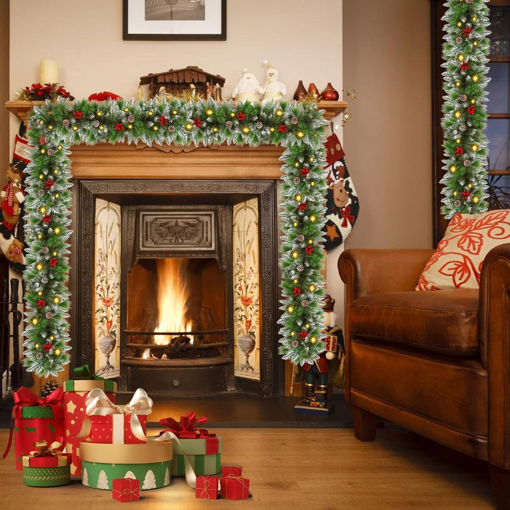 Christmas Garlands,2.7M/ 9FT Christmas Garland,Christmas Garland with Lights, and Berries