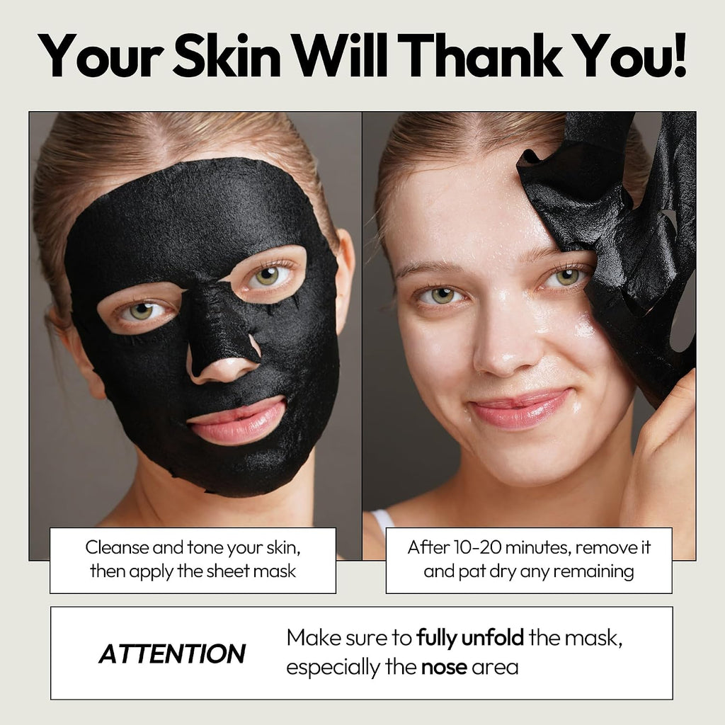 K Beauty Charcoal Sheet - Pore Refining Face Mask (Pack of 5) | Gently Exfoliating Facial Mask with Salicylic Acid