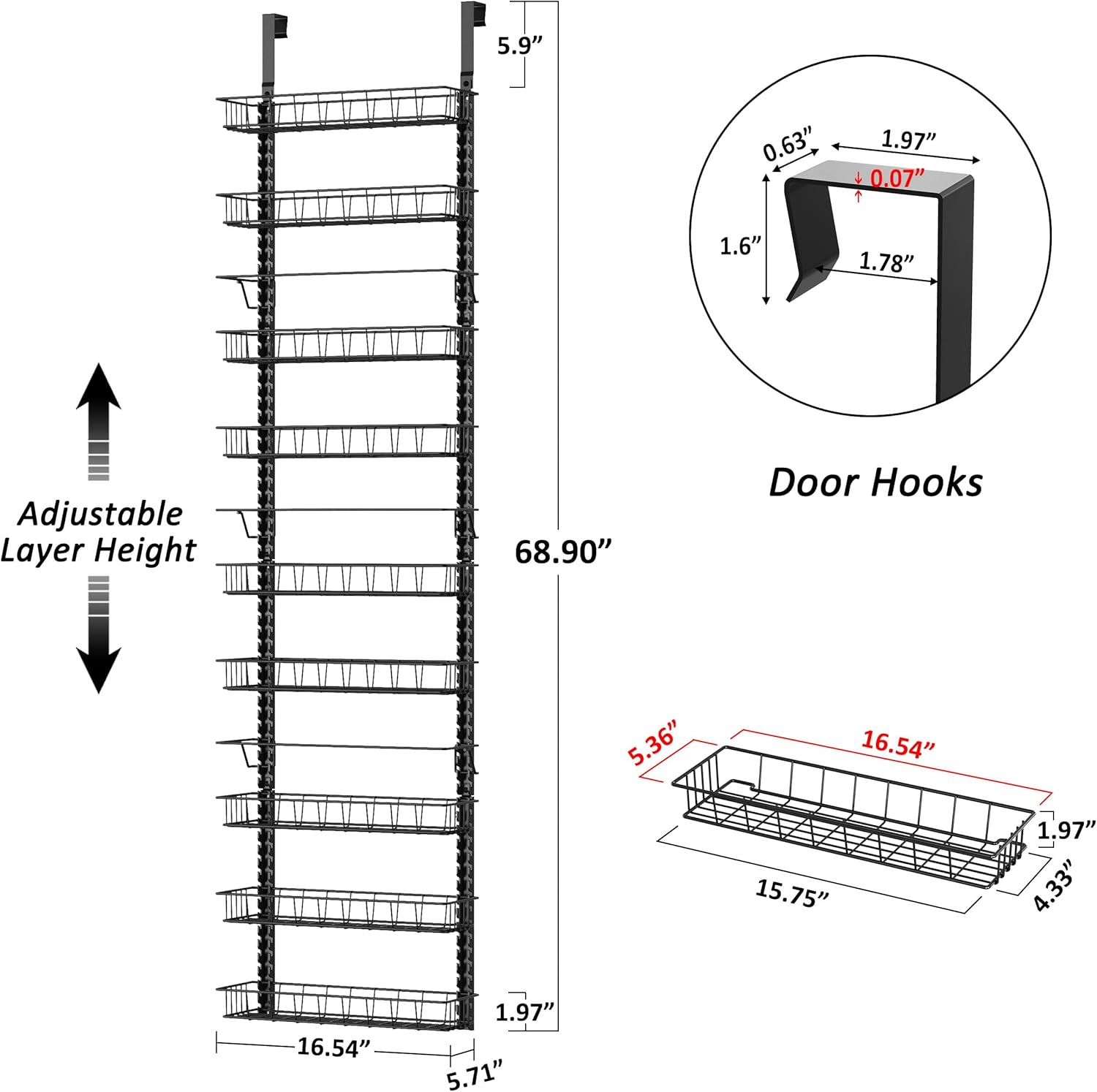 Over the Door Pantry Organizer Rack with 9 Adjustable Baskets, 9 Tiers Dual-use Hanging or Wall Mount Spice Rack