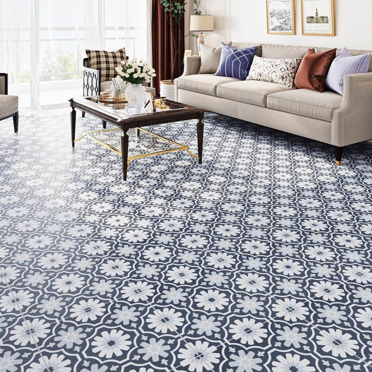12x177 Peel and Stick Floor Tile Dark Blue and White Linoleum Flooring Roll Moroccan Waterproof Self Adhesive Retro