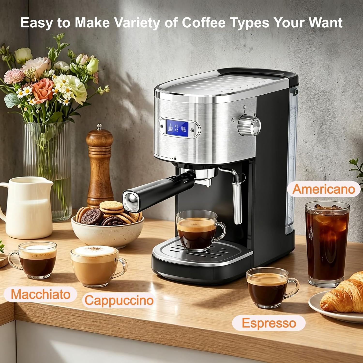 20 Bar Stainless Steel Espresso Machine with Steam Milk Frother | Easy One-Touch Brewing, 25s Rapid Heat, Powerful