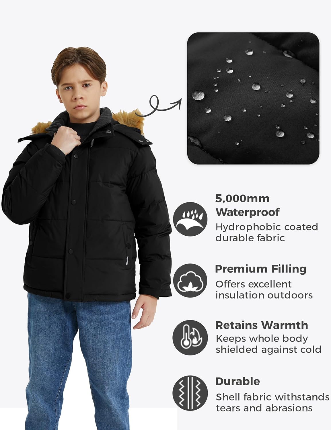 Boys' Winter Coat Warm Puffer Jacket Waterproof with Faux Fur Hood | Windproof,5000mm Waterproof,Snap Button