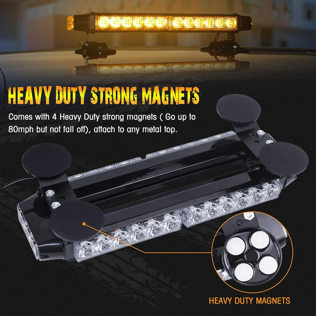 LED Strobe Flashing Light Bar with Magnetic Base, Amber | Aluminum Double Side 30 LED Emergency Hazard Warning Beacon