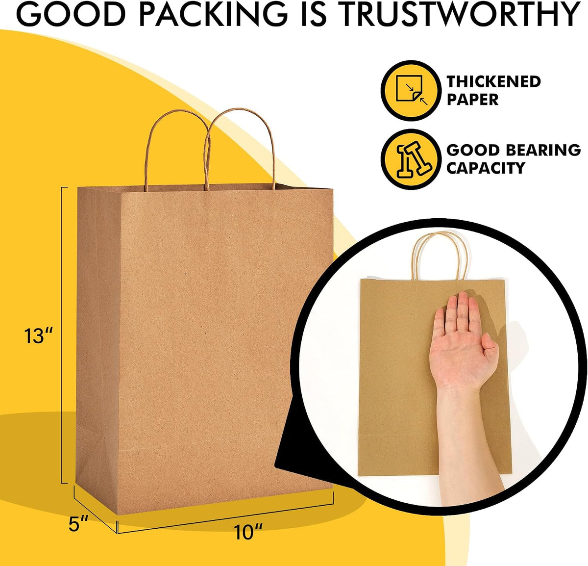 Large Brown Kraft Paper Bags 100 Pack 10x5x13 in with Handles