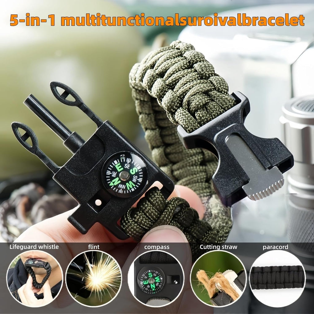 5-in-1 Paracord Survival Bracelet - Emergency Survival Gear with Compass, Fire Starter, Whistle, Glass Breaker &