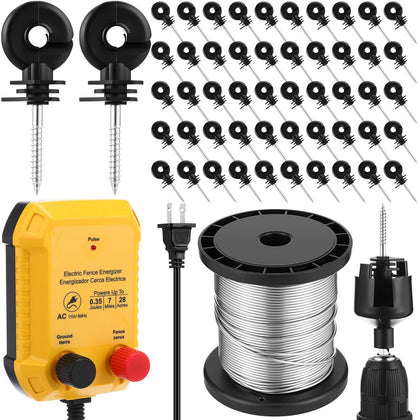 Electric Fence Charger Kit 0.35 J 7 Mile 50 Insulators 250ft Wire | 110V AC Range for Chickens Pets Poultry, Kit with