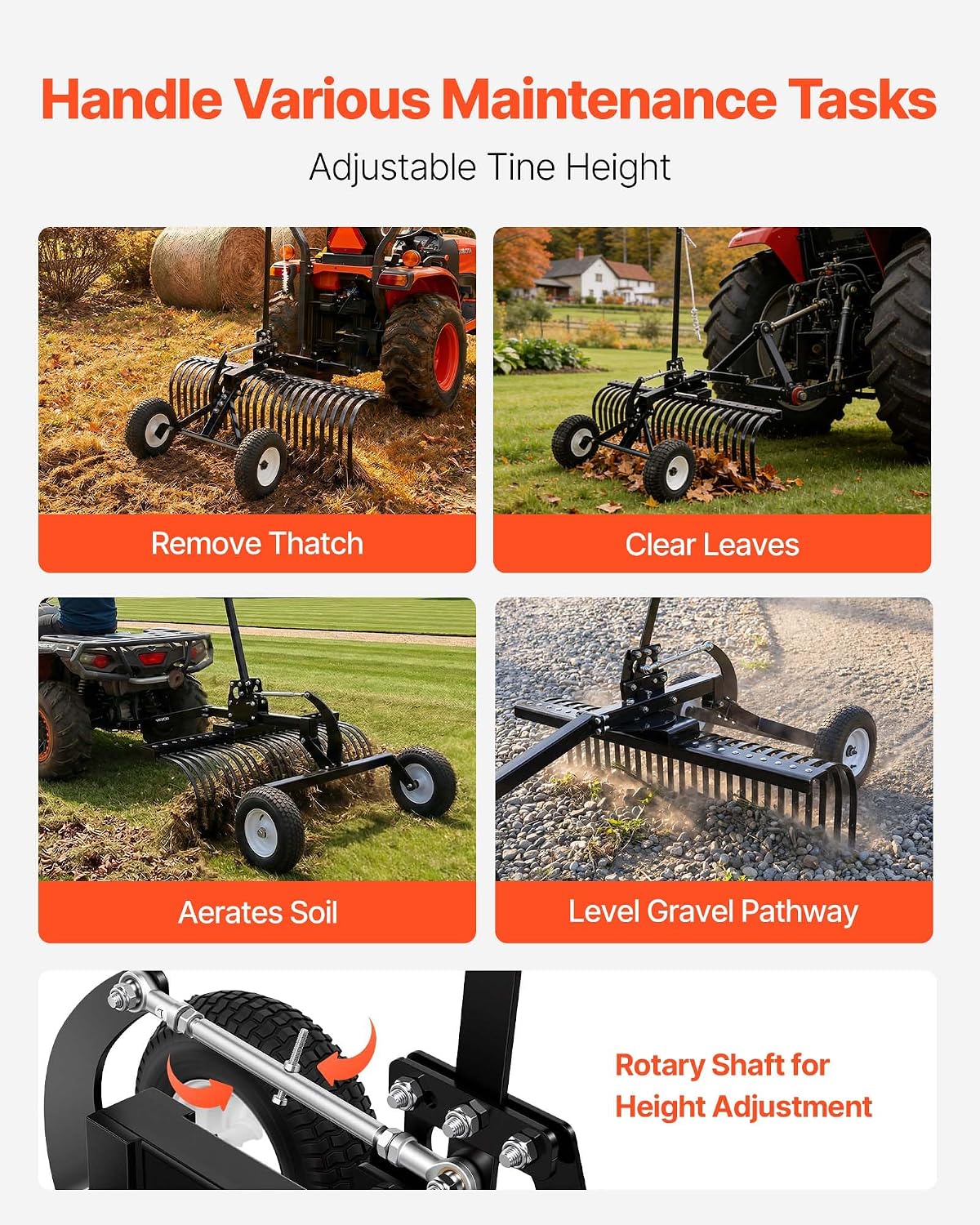 48in Tow Behind Landscape Rake, Pull Behind Lawn Rock Rakes for ATV Mower Tractors, 24 Durable Steel Tines