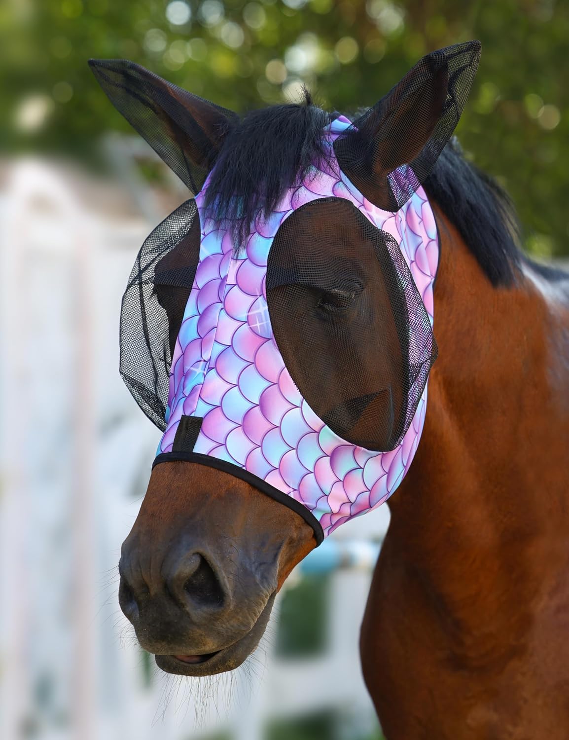 Stretch Fly Mask with Forelock Opening and Patterns Comfortable Breathable Snug Fitting Horse Fly Mask Fish Scale M