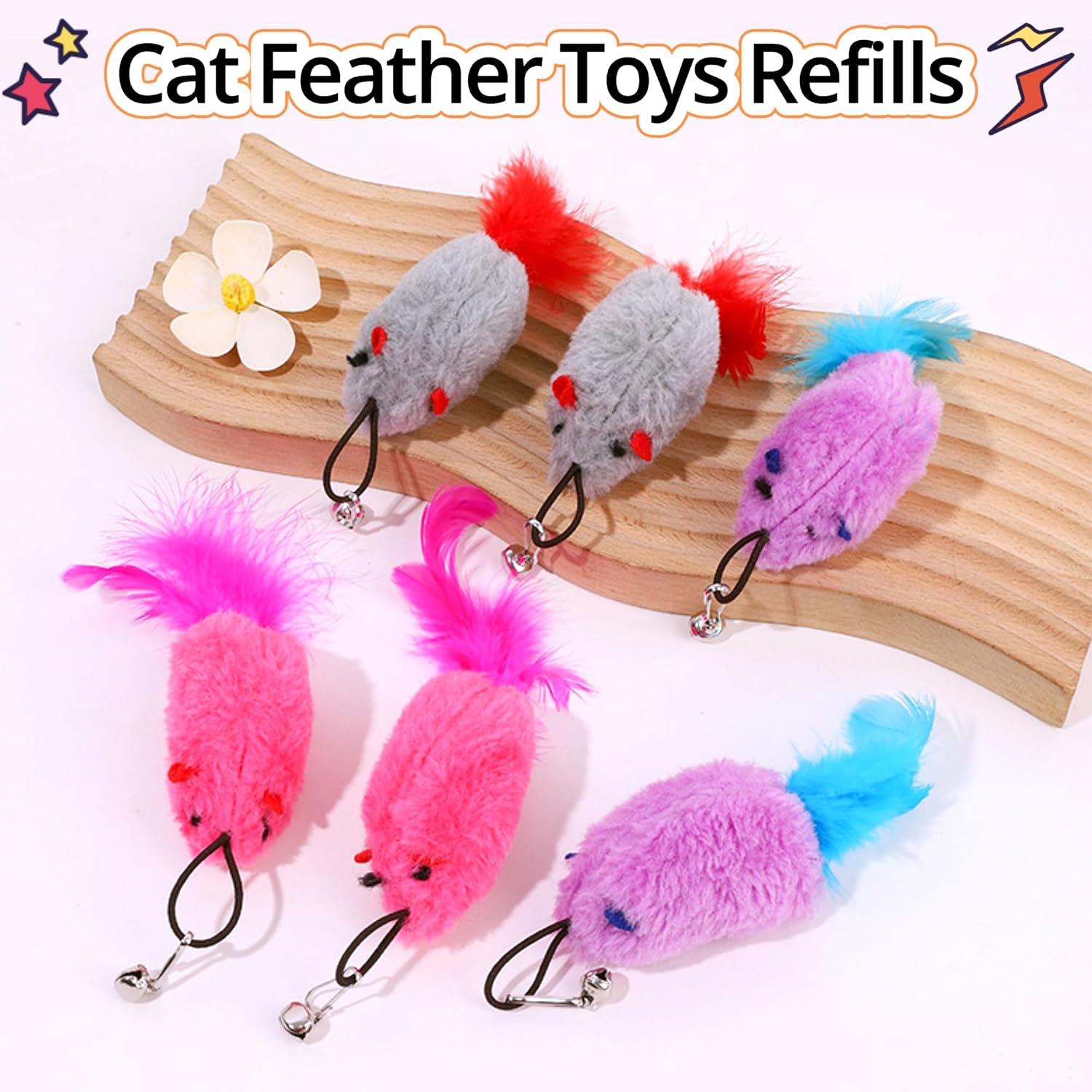 Cat Toy Refill, 2 Pack Mouse Toy with Feather Tail and Bell for Cat Wand Toy Accessories Cat Toy Attachments