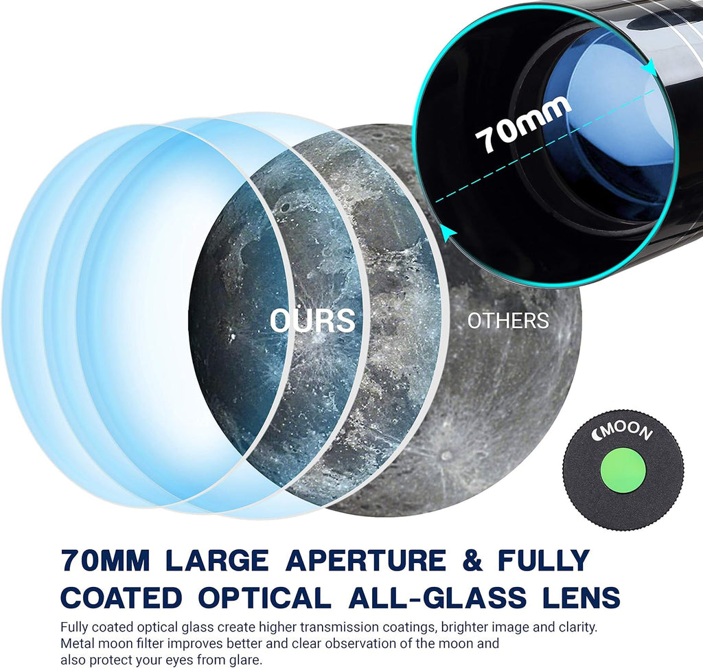 Telescope for Adults, 70mm Aperture Refractor Telescopes (15X-180X) for Astronomy Beginners, Portable Travel