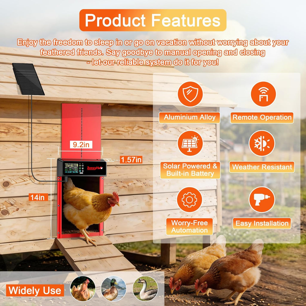 Solar Automatic Chicken Coop Door, Programmable Remote with 6 Modes (Red)