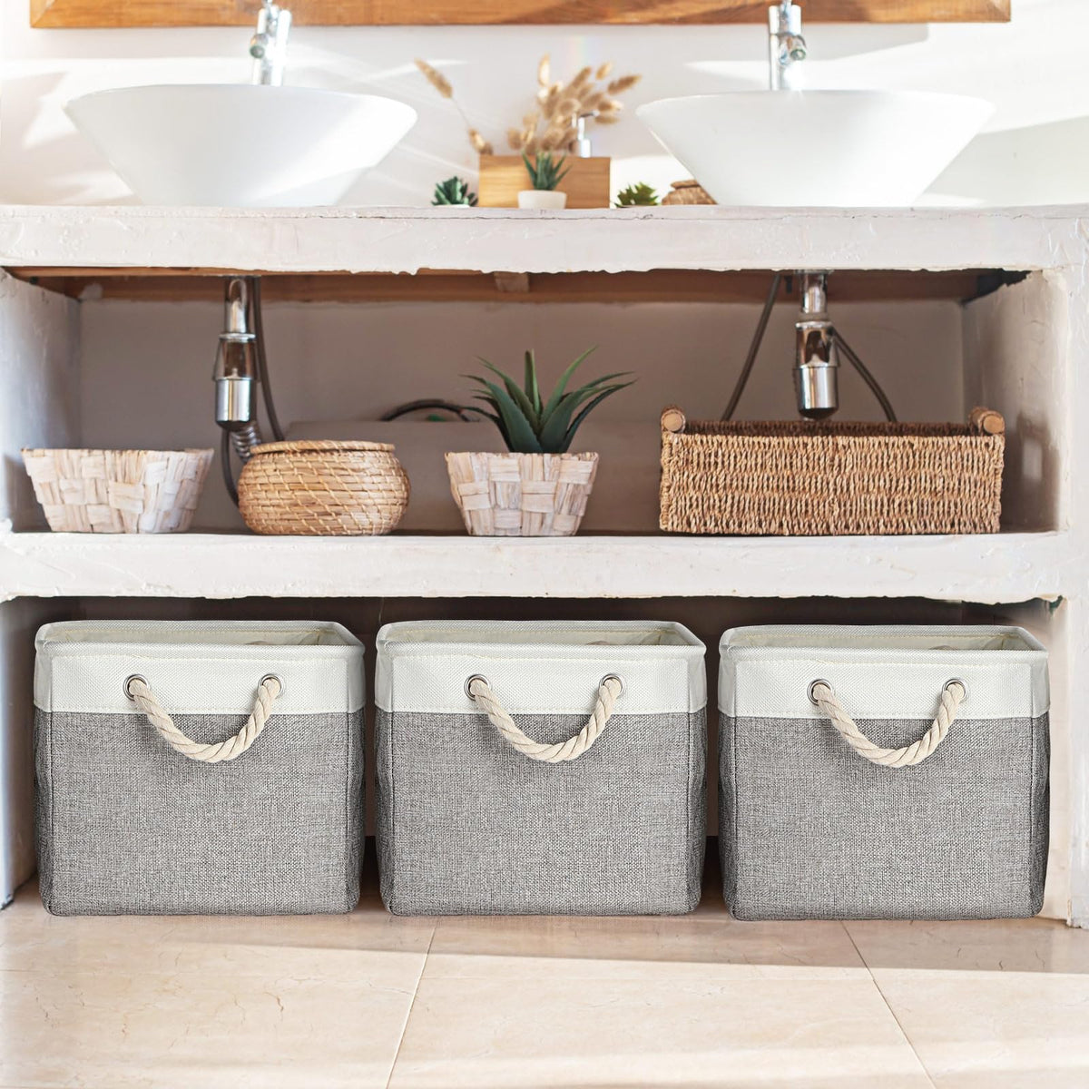 8 Pack Fabric Storage Bins Baskets, 17 x 12 x 15 in, Gray White