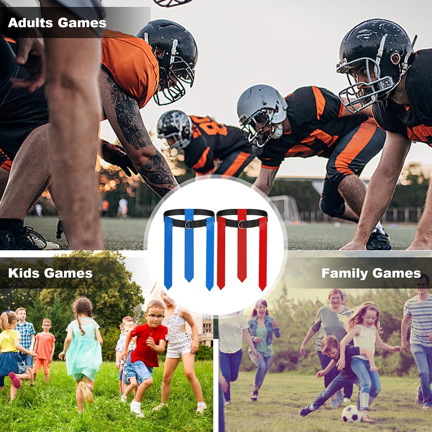 Flag Football Belts,2 Pack Adjustable Flag Football Set with Double Stainless Steel D-Ring Belt and 6 Flags for